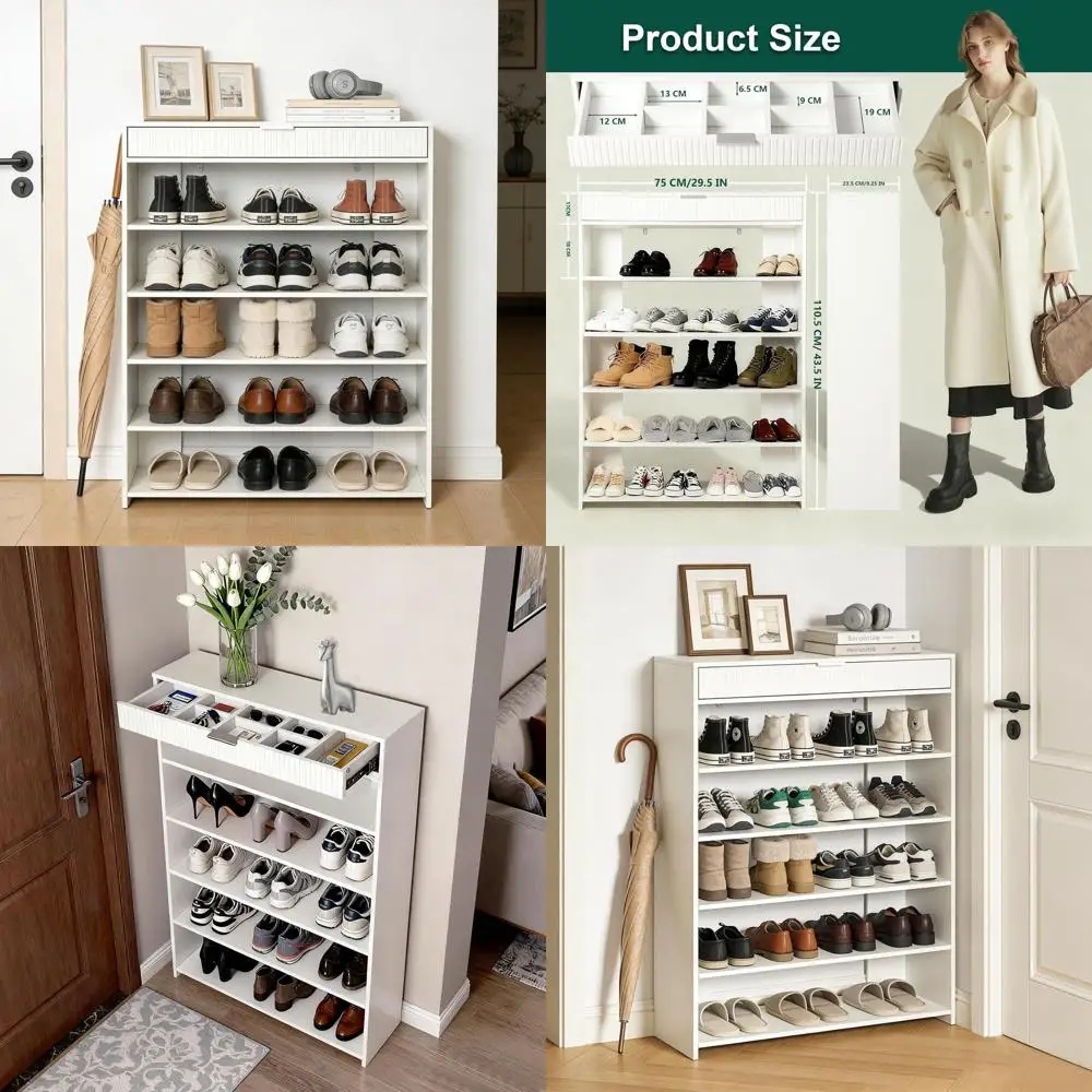 

White 5-Shelf Wooden Shoe Rack, Slim Design for 15-20 Pairs, Space-Efficient Storage for Home