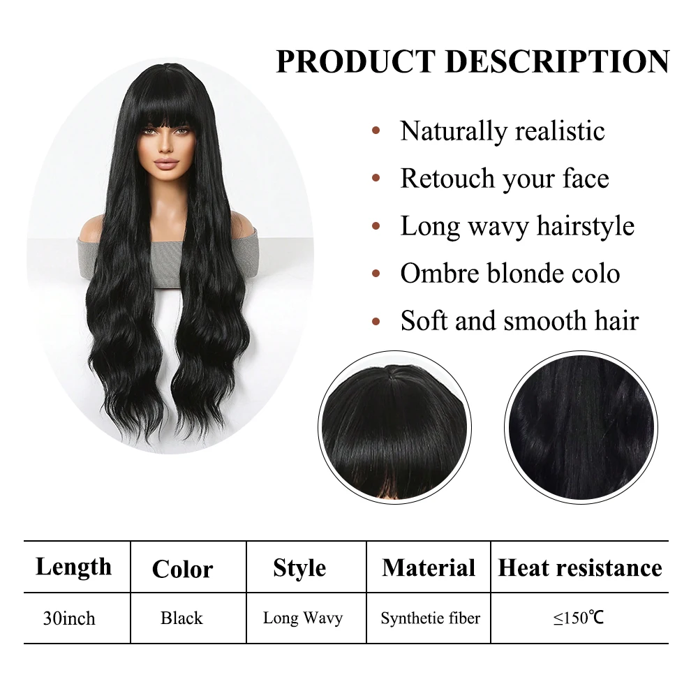 GEMMA Long Black Wavy Wig with Bangs Synthetic Women Natural Fake Hair Wigs for Daily Cosplay Party Use Heat Resistant Fibre
