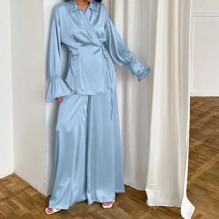 Design Sense Long Sleeve Wrap Top Waist Fashion Trousers Wide Leg Fashion Casual Suit Niche 2026 Autumn