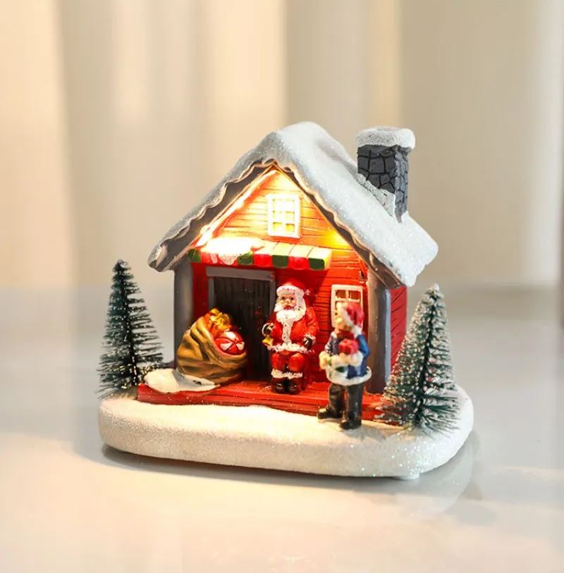 Winter Snow Christmas Village Building Santa House Xmas Decoration With Led Glow Desk Building Home Decor Holiday Ornament Gift