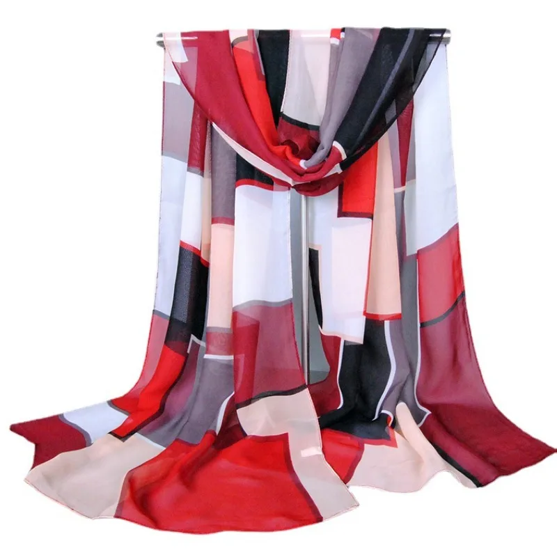 Urban Chiffon Small Scarf for Women, Sun Protection Decorative Korean Classic Geometric Color Block Stripe Scarf FZS03