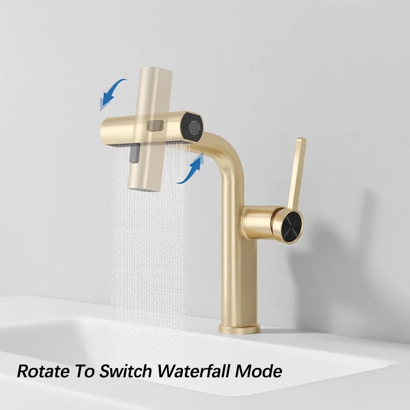 Bathroom Waterfall Basin Faucet Three Modes Pull-out Sink Mixer Deck Mounted Single Hole Sink Faucet Hot Cold Water Mixer Taps