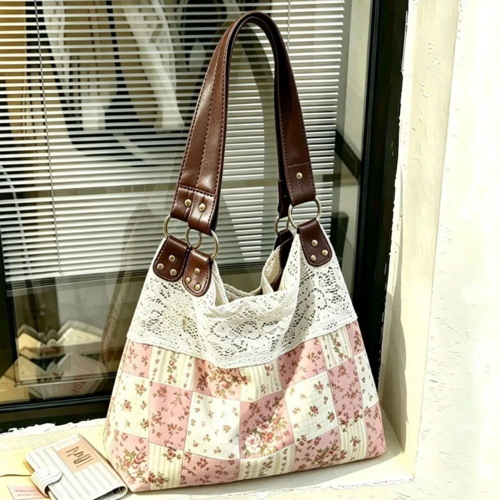 Vintage Patchwork Floral Shoulder Storage Bags Ladies Hollow Lace Decor PU Strap Tote Sweet Coquette Large Capacity Daily Bag