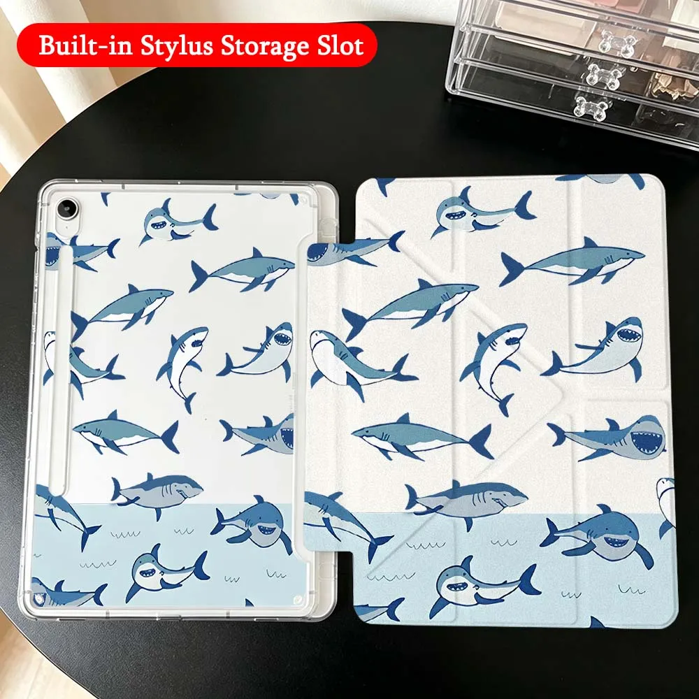 Cartoon shark Case For Samsung Galaxy Tab A9 A8 A11 S6 S7 S8 S9 S10 FE Plus Lite Transparent Y-Shaped Folding Tablet