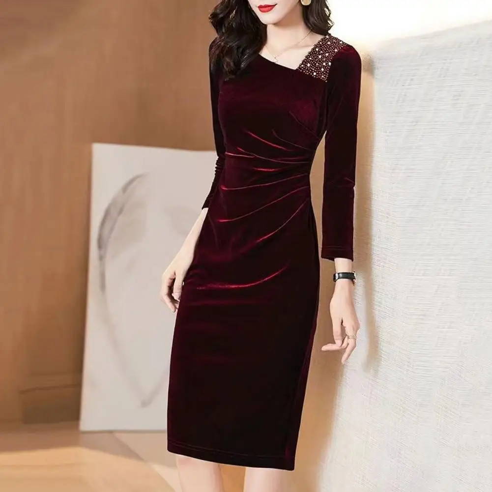 Fall Winter Women Dress Long Sleeve Shiny Rhinestone Thick Lady Dress Sheath Slim Fit Tight Waist Prom Party Midi Dress