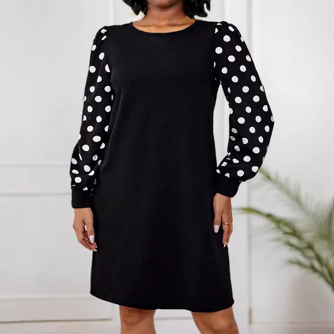 

TM-027 plus Size Women's Long Sleeve Dress round Neck Wave Dot Print European And American Style plus Size