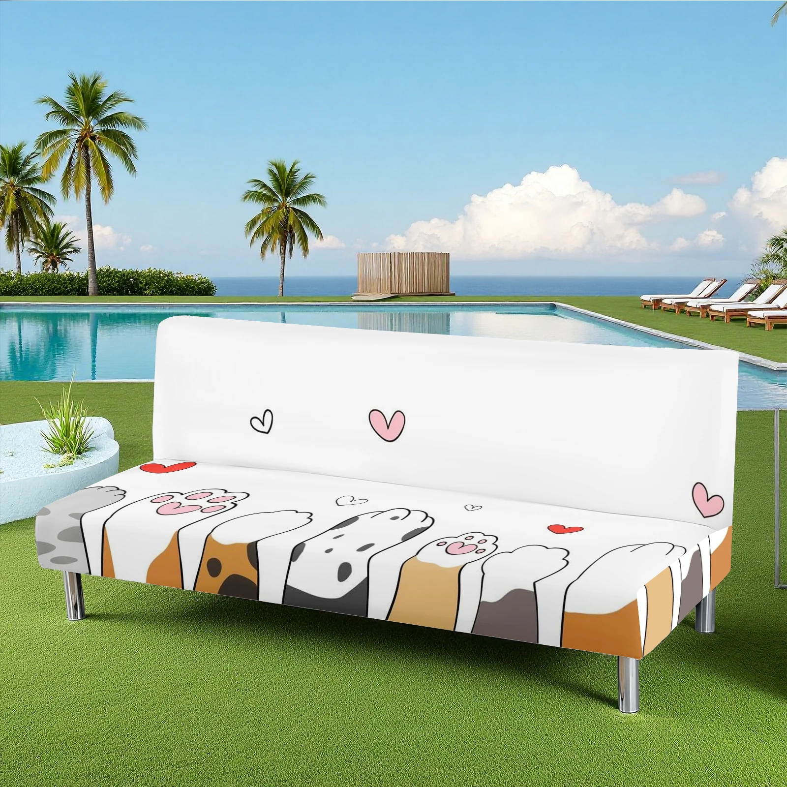 Cute Cat & Heart Print Summer Outdoor Sofa Bed Cover, Milk Silk Elastic Slipcover, Pet - Friendly, Washabl