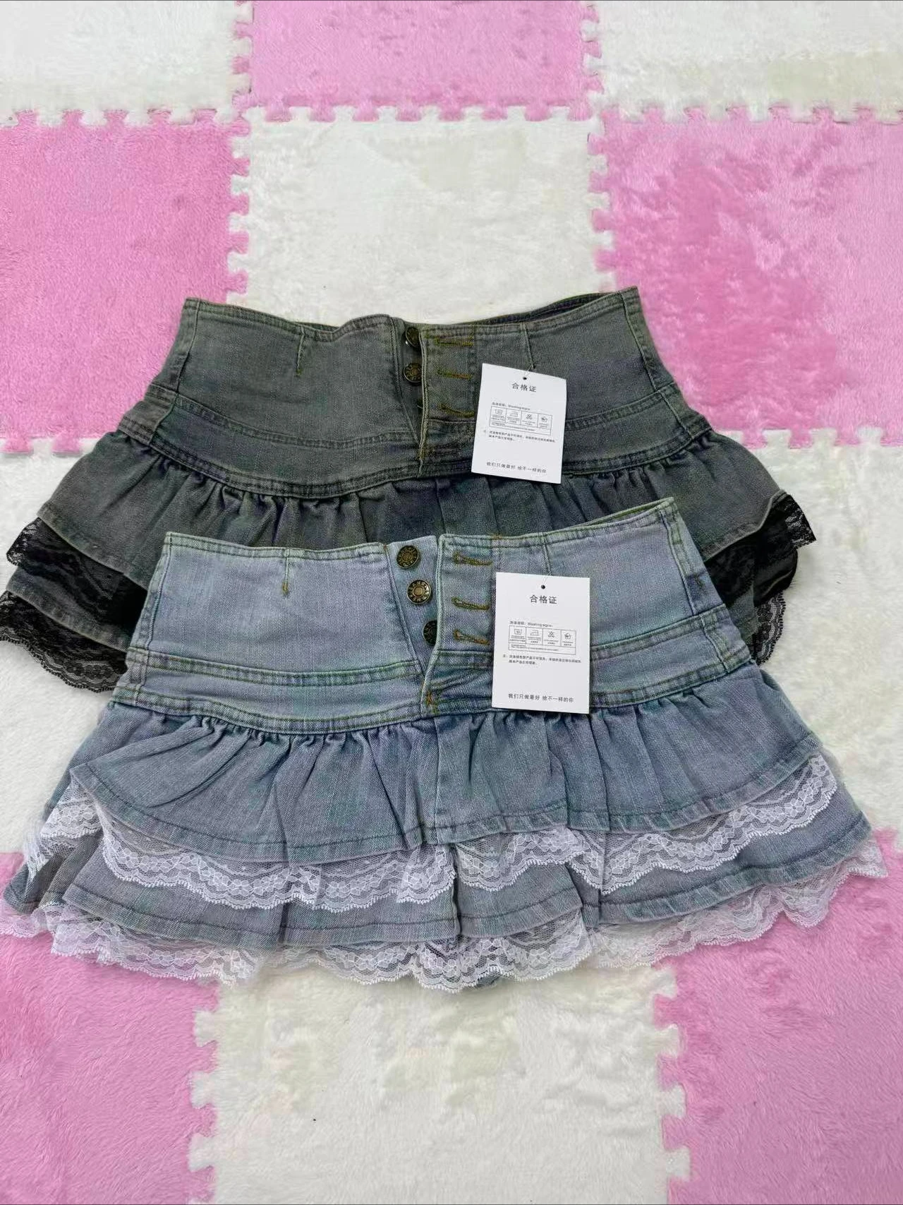 

Vintage Denim Pleated Skirt Woman LaceDesign A-line Y2k Mini Skirt Streetwear American Spicy Girl Korea Fashion Hotsweet