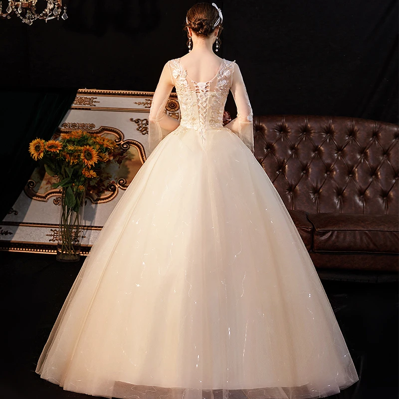 Vestidos De novia champán con manga acampanada, vestido De novia clásico con cuello redondo, elegante, tul De encaje, novedad De 2023