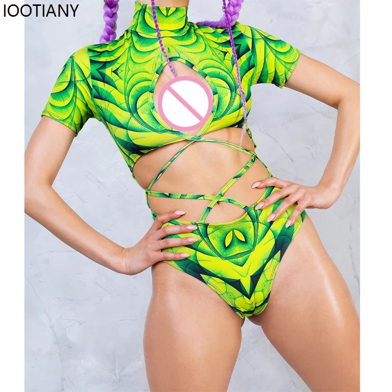 Summer Colorful Tie-dye Print Suspender Swimsuit Women Sexy Jumpsuit High Neck Bikini Halloween Carnival Festival Party Swimwear