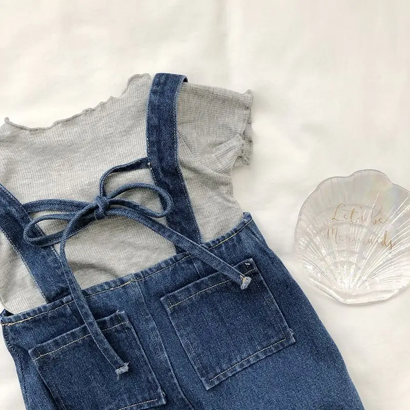 Girls 2025 Summer Korean Style Denim Strapless Dress Grey Wood Ear Edge Base Layer Top 2-Piece Set Wholesale Children's Clothing