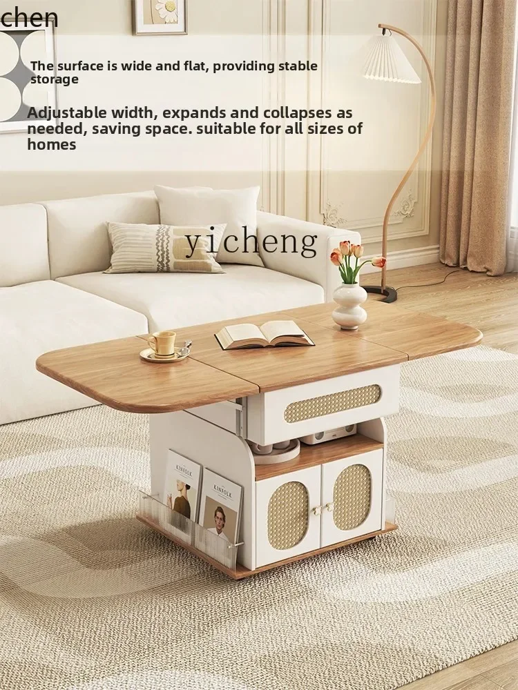 modern cream style home living room multi-functional storage folding lifting pulley movable coffee table