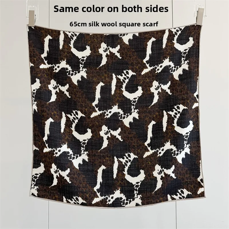 65x65cm Art Leopard Print Square Scarf 30% MULBERRY SILK 70% WOOL Twill Same Color Both Sides Women Neck Shawl Decor Headscarf