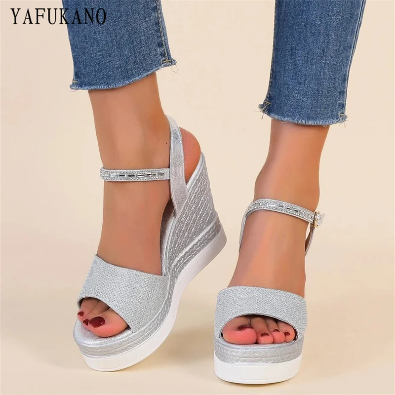 Glitter Ankle Strap Wedge Sandals Silver Party Wedding Shoes Fashion Platform High Heels Open Toe Women Pumps Small Size 33