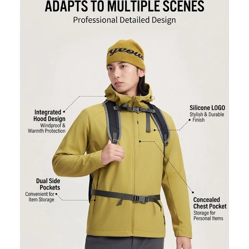 Men's Waterproof Softshell Jacket with Hood – Windproof & Fleece-Lined Hiking Coat for Autumn & Winter Outdoor Adventures