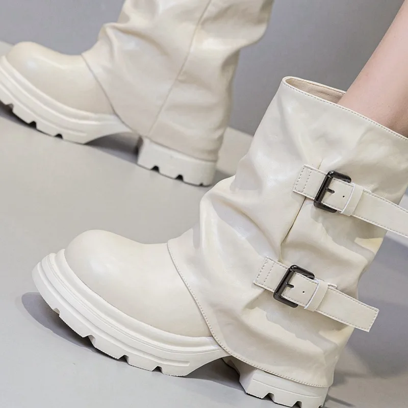 AUTUSPIN 12cm Chunky Boots Women Winter Autumn Retro Classic Genuine Leather Wedge Hidden Heel Booies Popular Street Footwear