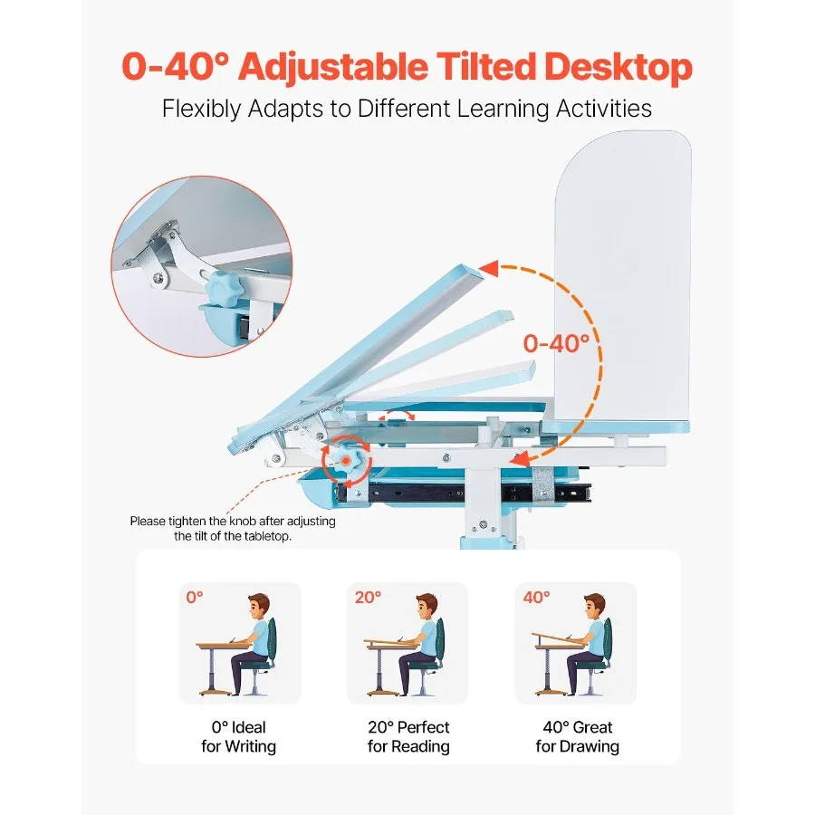 طقم كرسي مكتب دراسة VEVOR مكتب دراسة وكرسي مع رف كتب ودرج تخزين ارتفاع قابل للتعديل و0-40 °   مائل دي