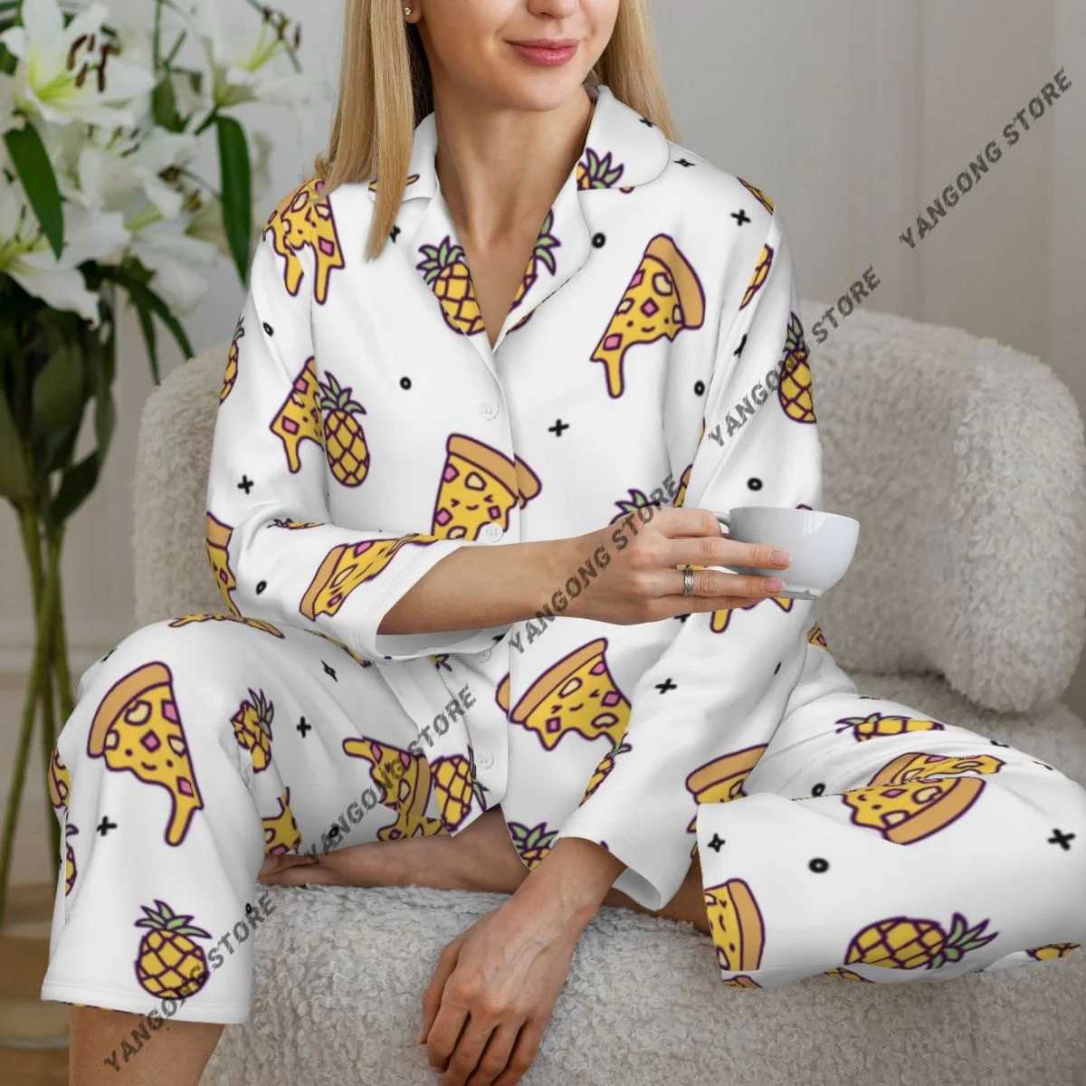 

Spring and Autumn Long Sleeve Pants Pajamas Loungewear Set Hawaii Pineapple Pizza Women's Pull Edge Loose Sleeping Suit