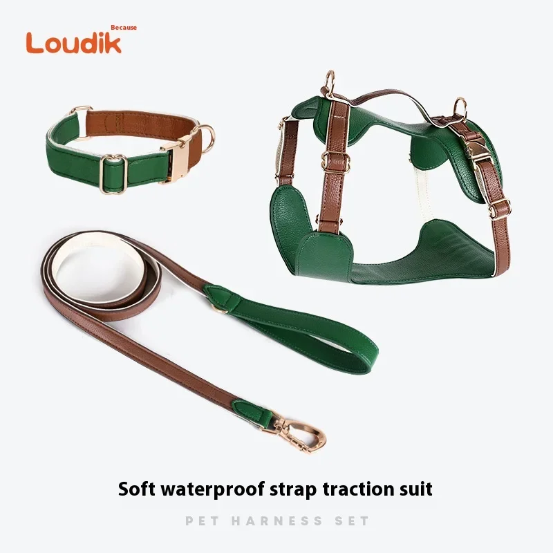 Loudik Waterproof Soft Leather Dog Chest Harness Leash Collar for Medium and Large Dogs For Outdoor Dog Walking