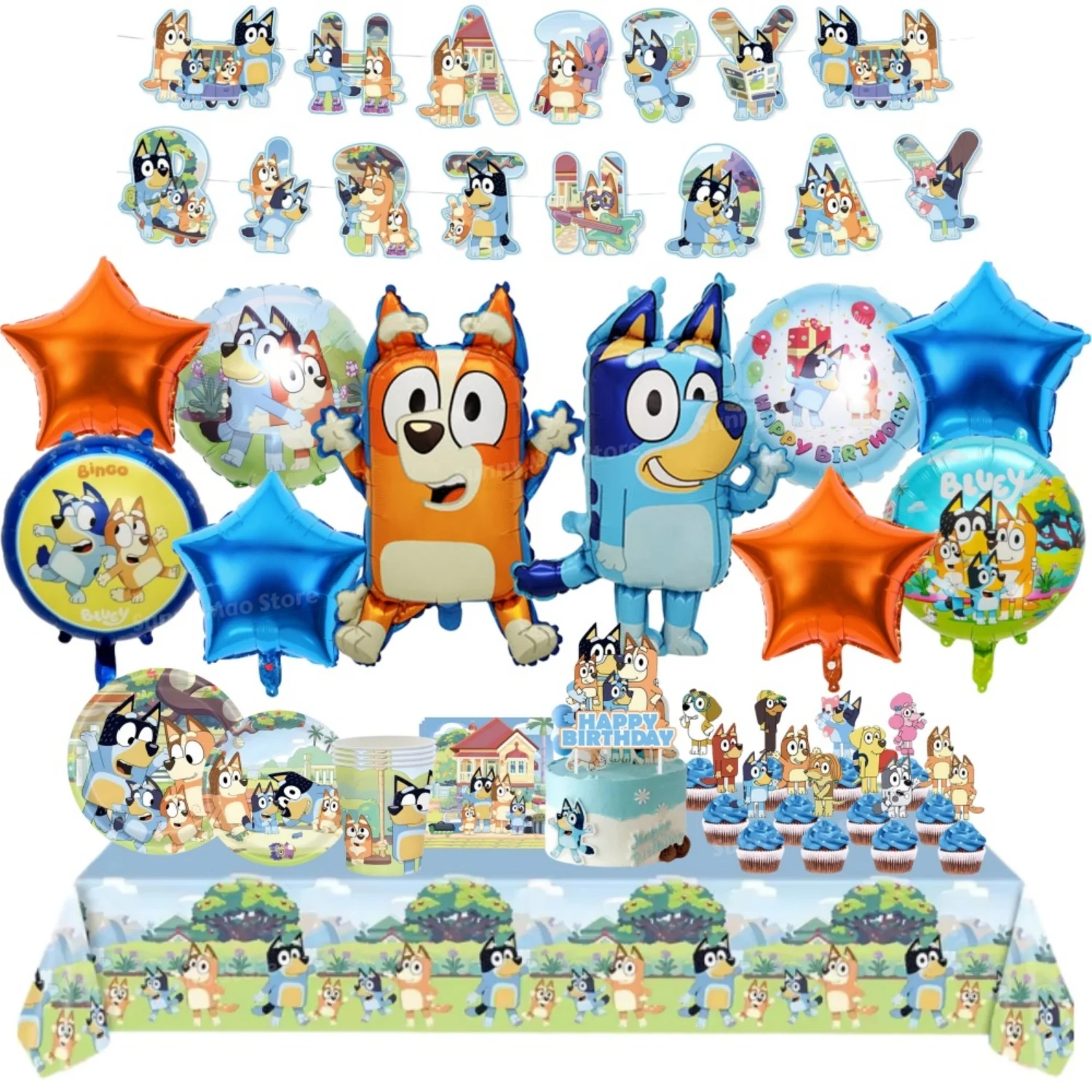 Bluey – ensemble de ballons de décoration de fête d'anniversaire, vaisselle jetable, fournitures pour événements de réception-cadeau pour bébé, bannière, cadeau d'arrière-plan