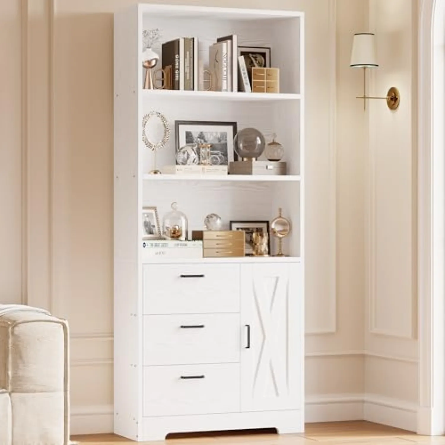 71 in Bookshelf with Doors and 3 Drawers, Industrial Tall Bookcase | Engineered wood with 3-tier shelves, 3 drawers