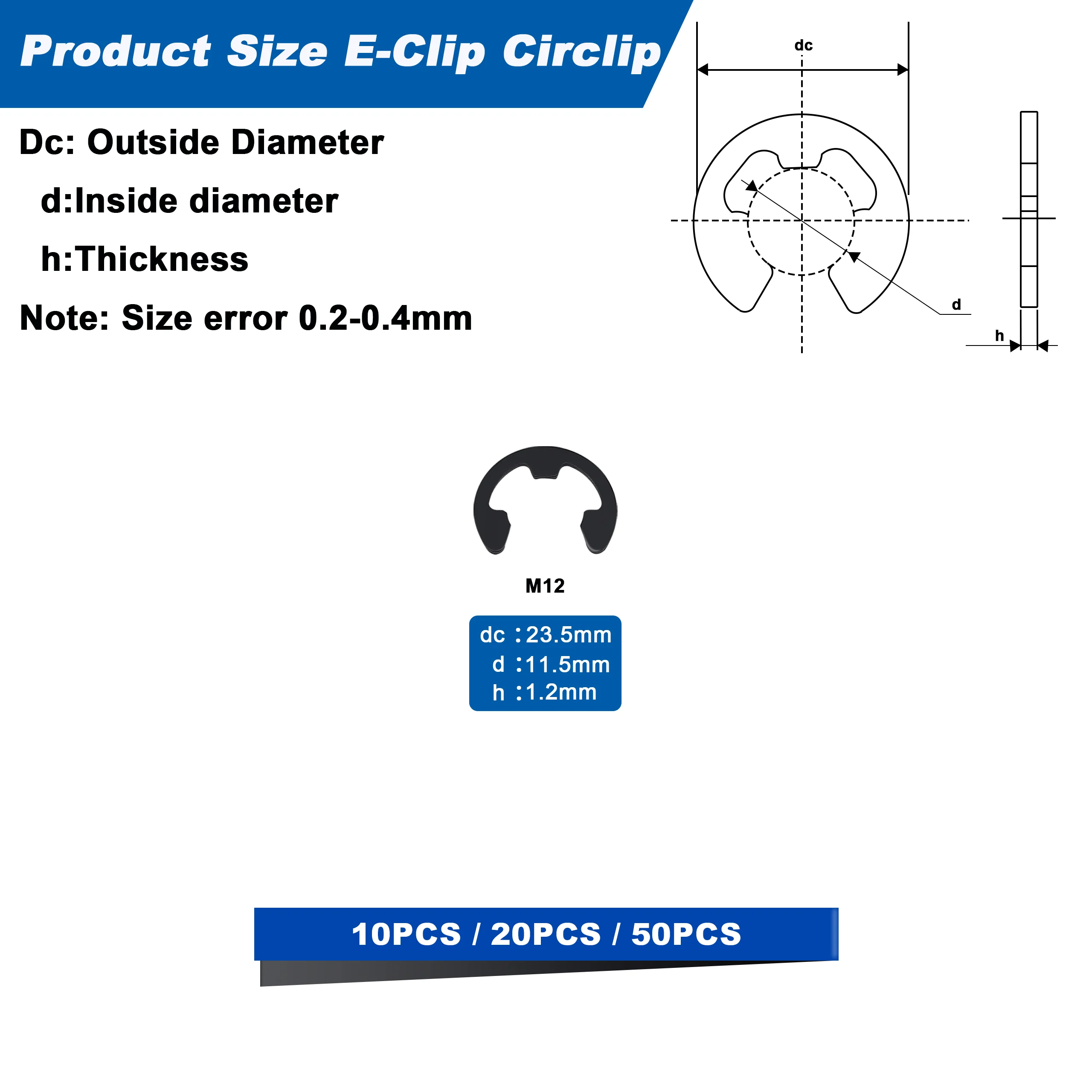 M12 E-Clips Circlip External Retaining Rings, E Clips External Carbon Steel Rings 20PCS 50PCS 100PCS 150PCS