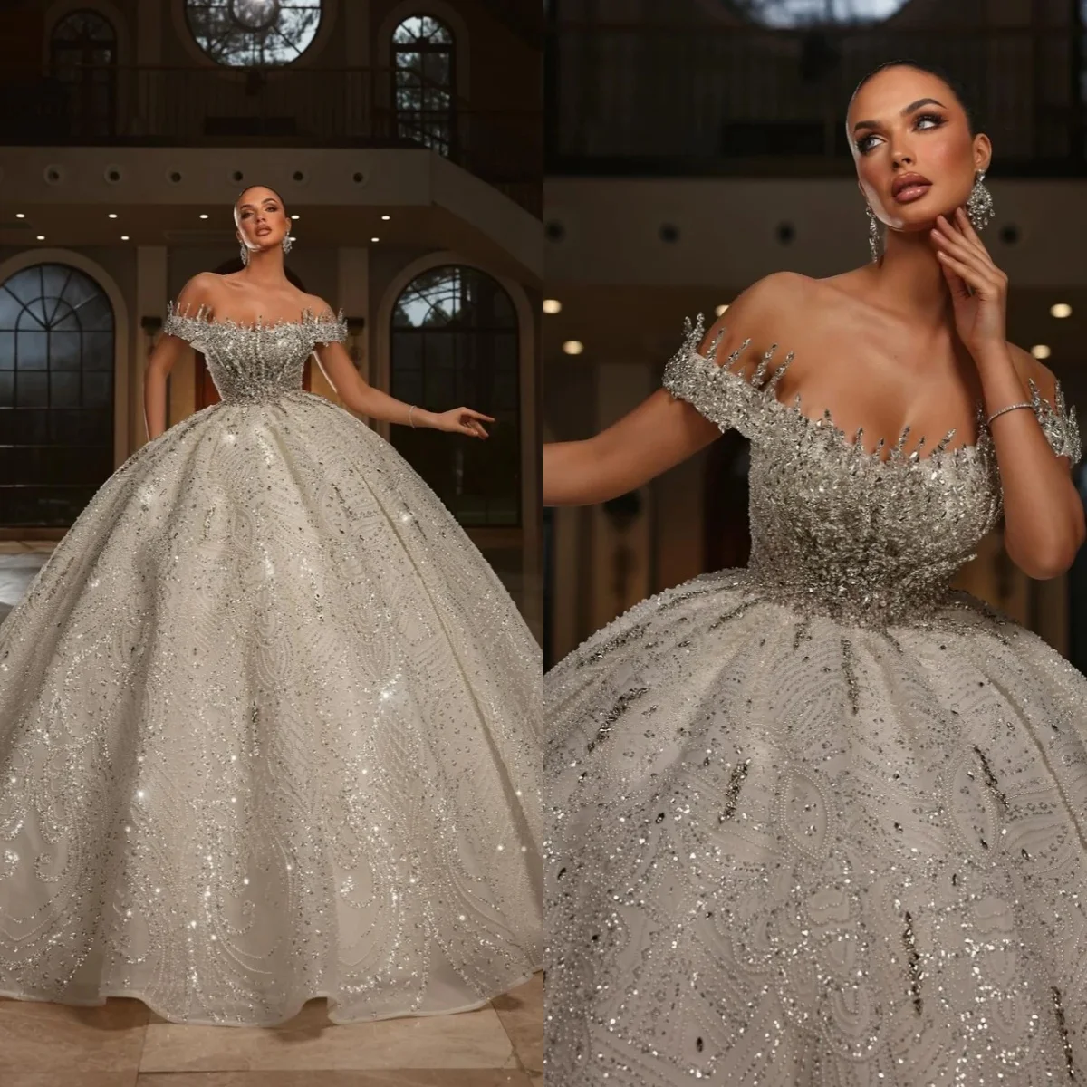

Exquisite Ball Gown Wedding Dress For Women High Collar Sleeveless Bridal Gowns Crystal Sequins Sweep Train Dresses Custom Made
