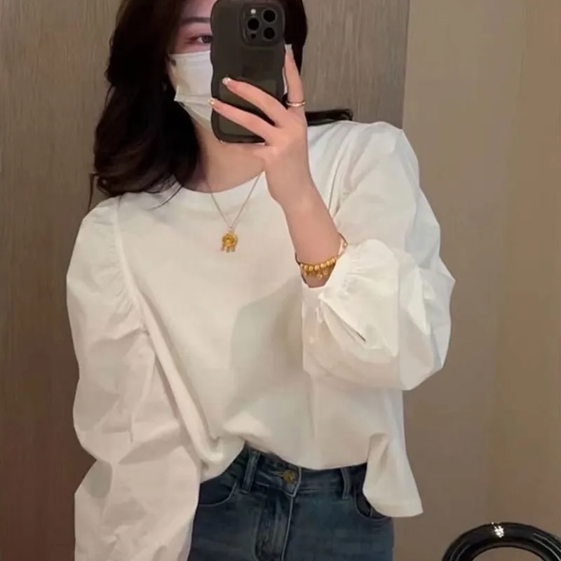 خريف 2025 تي شيرت نسائي طويل أنيق بتصميم فقاعي مريح كاجوال Sle لون نقي مادة أخرى 00% #1