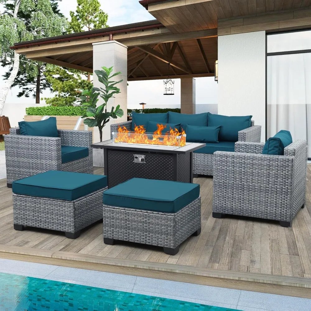 6-piece willow terrace furniture set, outdoor conversation set, equipped with a 45 inch fire pit table and peacock blue cushion