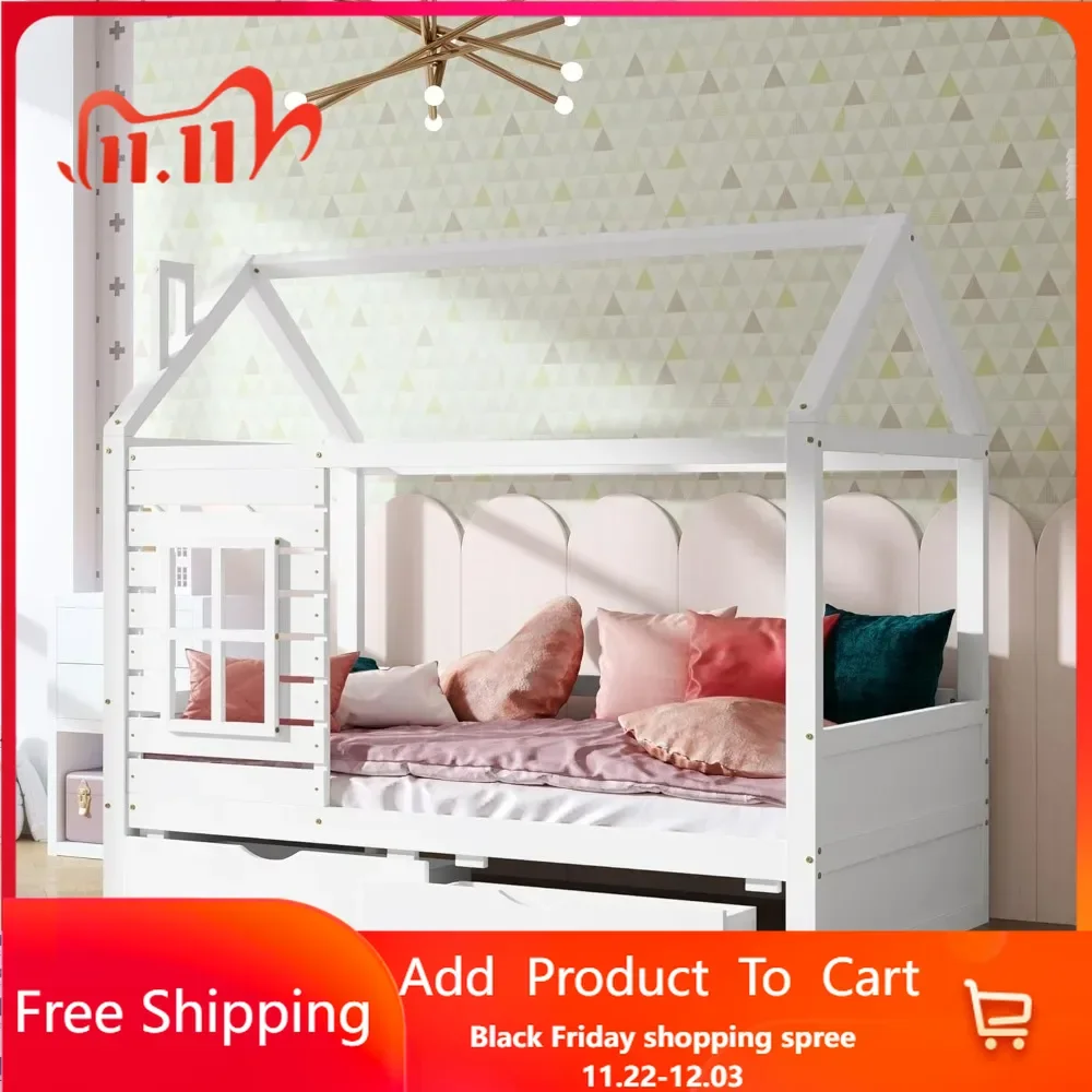 Kids House Bed with 2 Drawers,Wooden Platform Twin Bed Frame with Window and Roof for Bedroom,Twin Size Kid Playhouse Bed