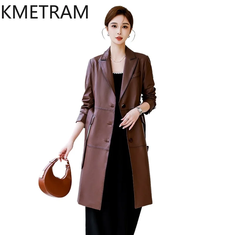 Giacca in vera pelle Donna 100% pelle di pecora Marrone Giacche Donna Trench in pelle di media lunghezza di lusso Abiti autunnali 2025 дубл Javка