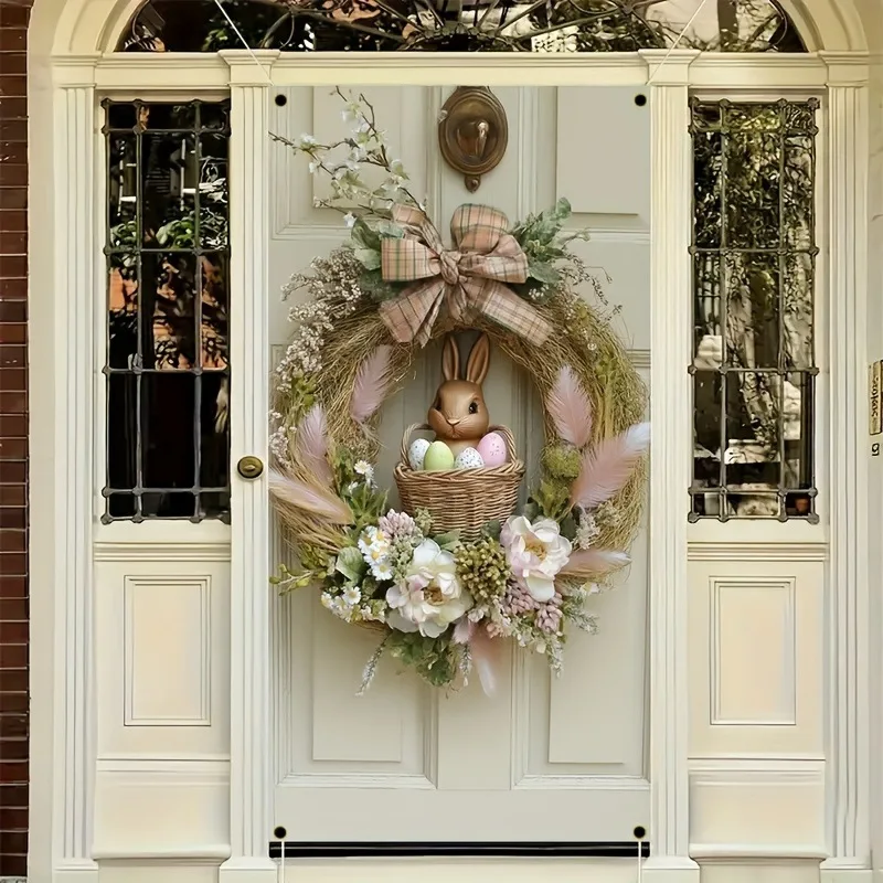 1Pc Easter Bunny Flower Basket Wreath Door Hanging Light Pink Pastoral Style Floral Decoration Wreath Door Curtain Holiday Home Store Door Hanging Hanging Ornament for Atmosphere Decoration