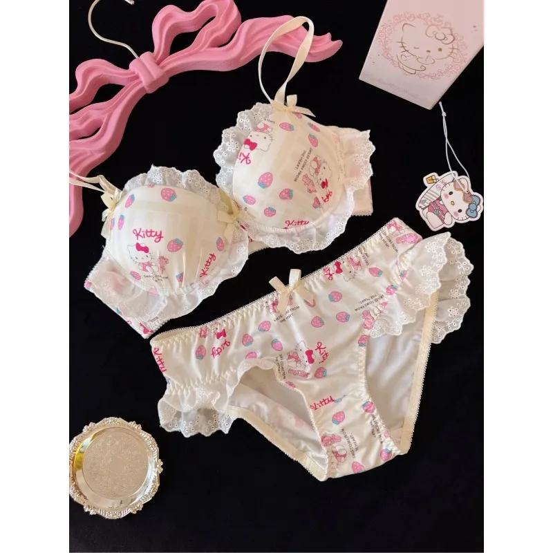 Japanese-style Cute Color-blocked Kitty Bow Lingerie, Wireless Lace Bra and Panty Set for Teen Girls, Push-up for Small Bust - view 4