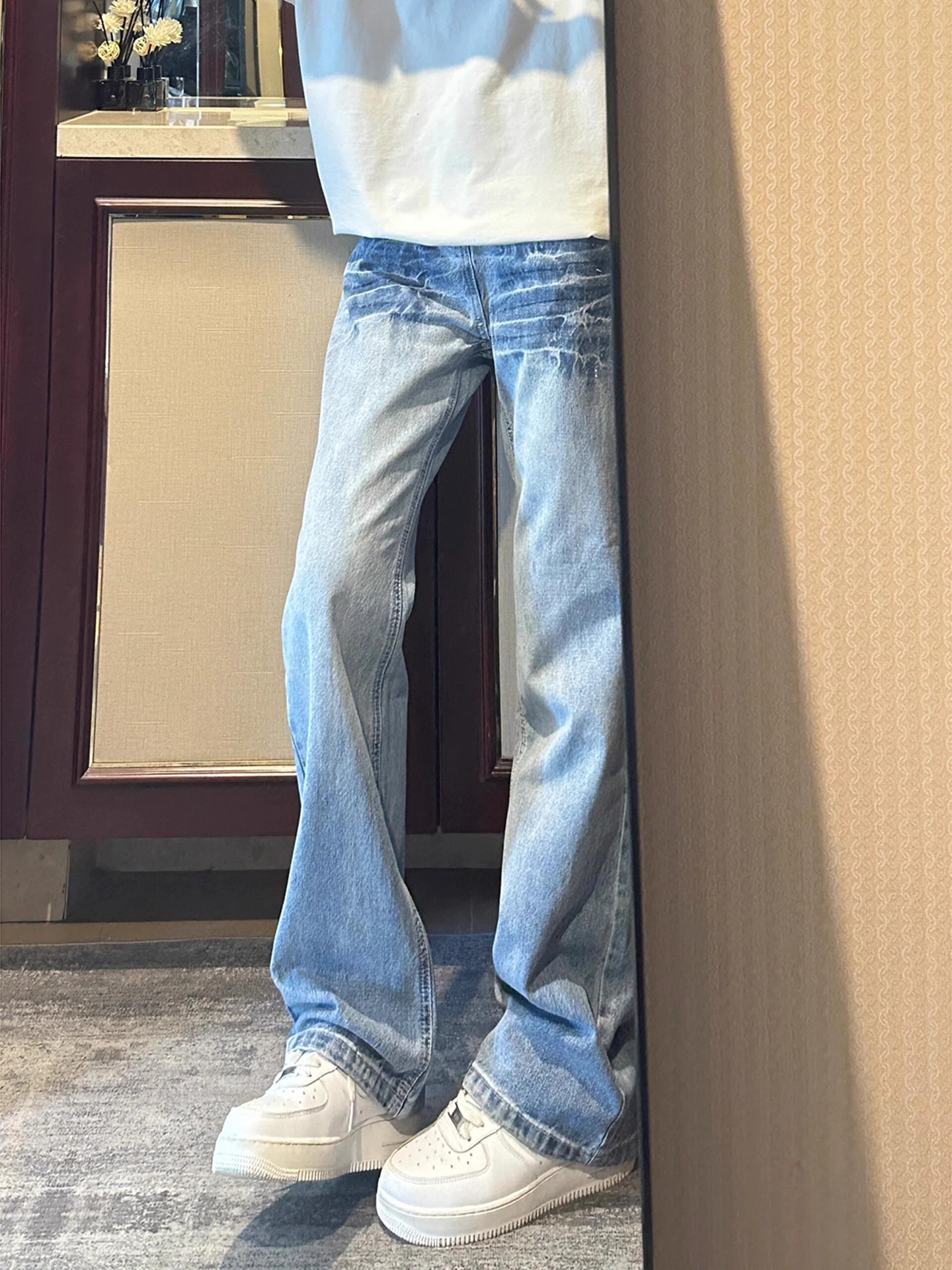 

Coldstone Men's Slim Fit Straight Leg Jeans Lightning Pattern High Street Sle Wear Resistant Casual Straight Tube Pants