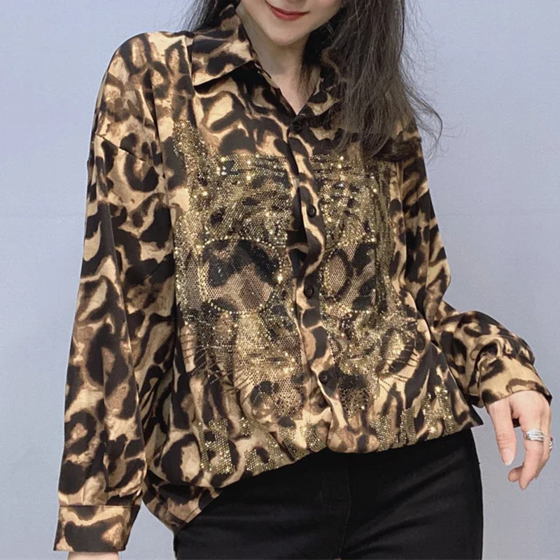 

Шифоновые рубашки с леопардовым принтом в стиле ретро, винтажные бриллианты с длинными рукавами, свободная уличная одежда, роскошные рубашки, женские тонкие женские топы, блузка