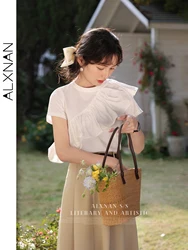 ALXNAN Crew Neck T-shirts Women 2024 Summer Short Sleeve Tees Woman Casual Solid Ruffle Everyday Office Lady White Tops LXN29295