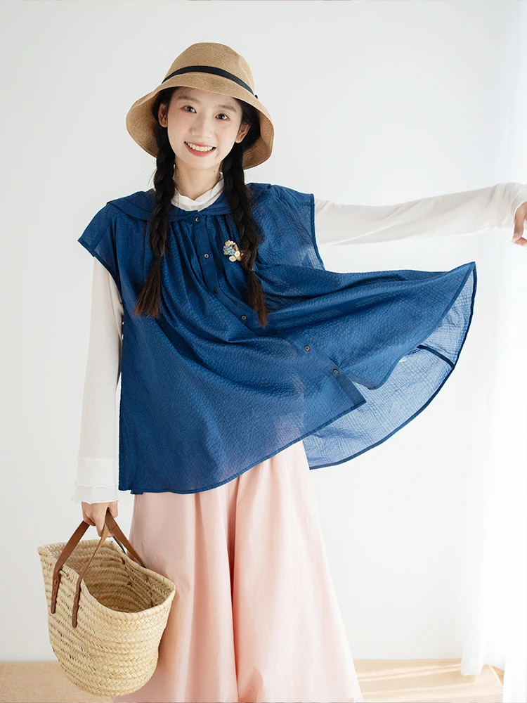 

Синяя хлопковая плиссированная юбка с воротником-стойкой, тонкая, летняя, женская, для фотосессий, в японском стиле, свободного кроя, на одной пуговице