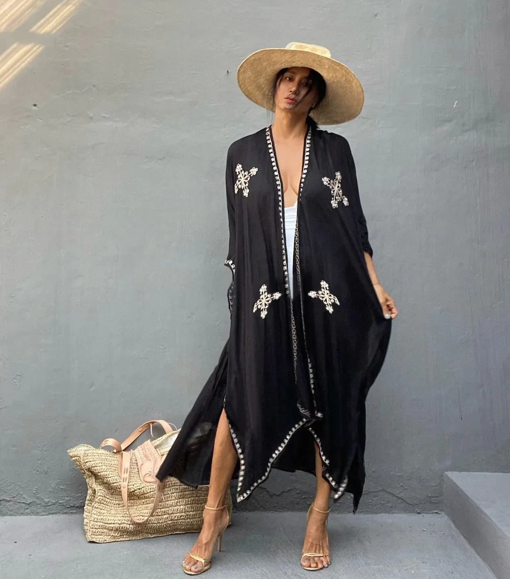 Embroidered Long Kimono Cardigan Women Boho Cotton Loose Tunic Tapados Mujer Verano Bathing Suit Bikini Cover Up