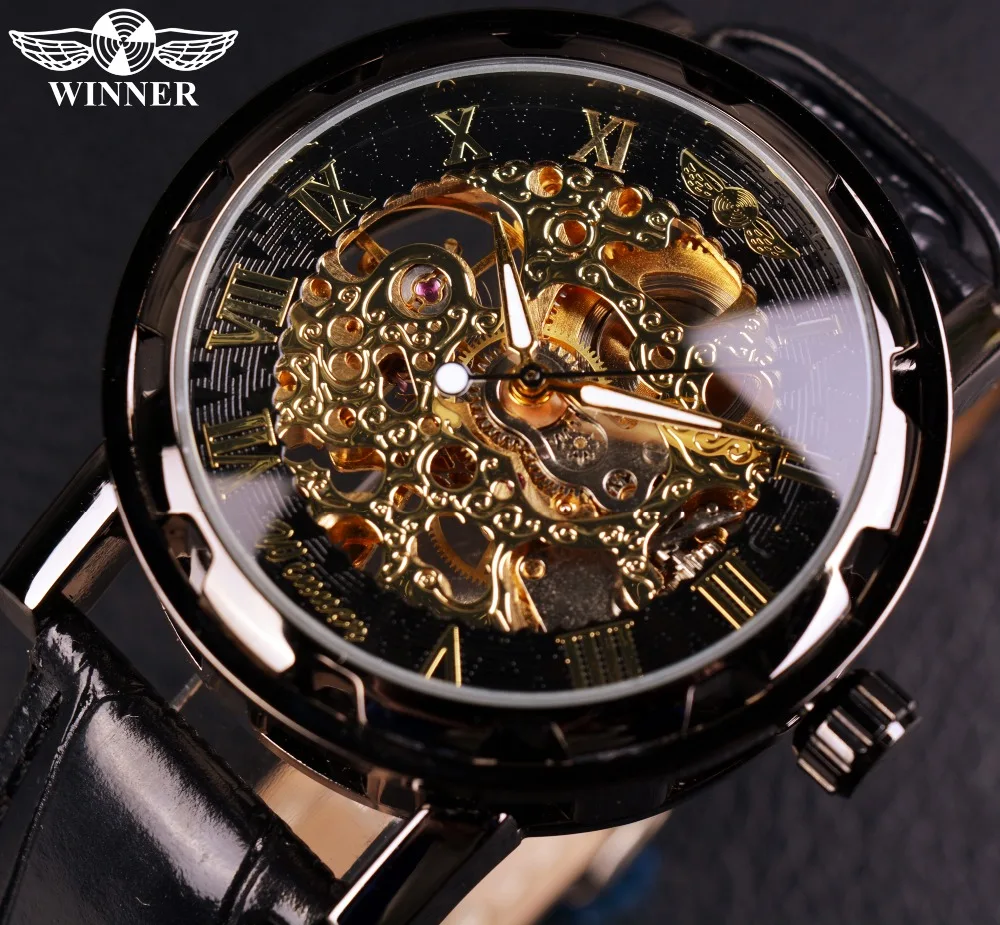 

Winner Black Gold Male Clock Men Relogios Skeleton Mens Watches Top Brand Luxury Montre Leather Wristwatch Men Mechanical Watch