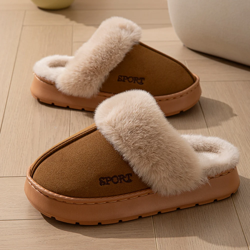 Damen-Winterhausschuhe mit Kunstfellkragen, warm, bequem, rutschfest, dicke Sohle, für Paare, für drinnen und draußen, Schneestiefel, Freizeitschuhe für zu Hause. – Detail 5