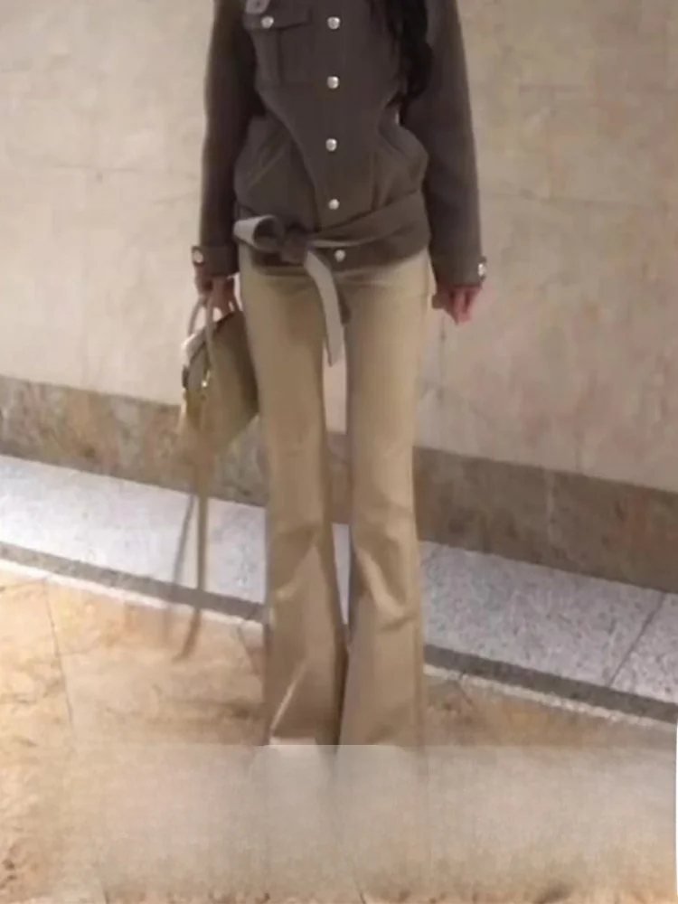 

Американские женские джинсы с высокой талией и широкими штанинами цвета хаки, осенне-зимняя новинка, маленький размер, расклешенные, в пол