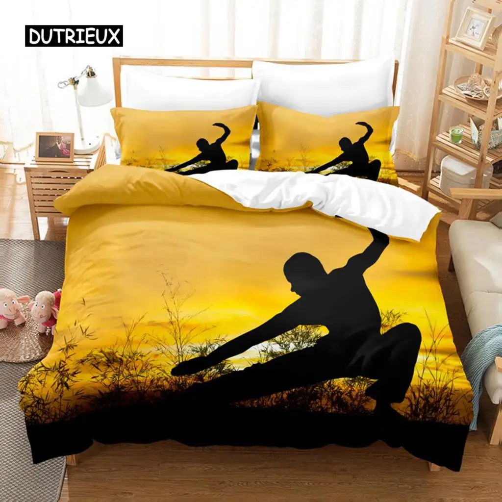 

Kung Fu Duvet Cover Set King Size Sunset Martial Art Men Silhouettes Bedding Set For Teen Boy Polyester Sports Theme Quilt Cover