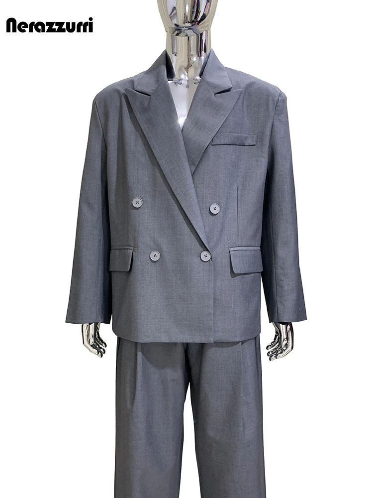 

Nerazzurri Autumn Oversized Gray Blazers for Men Peaked Lapel Shoulder Pads Double Breasted Loose Luxury Menswear Clothing 2025
