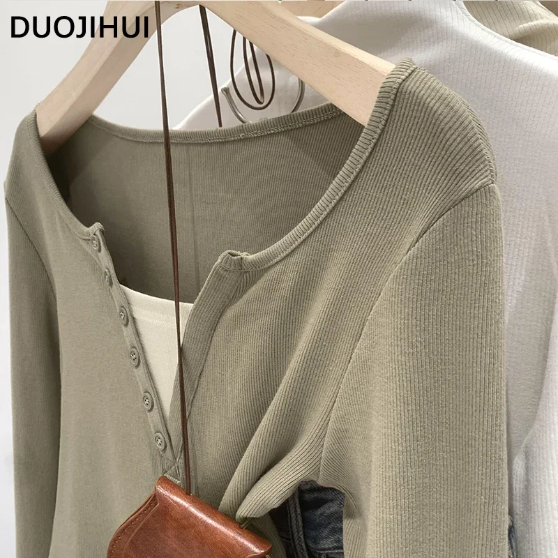 Duojihui Nep Tweedelige Chique V-Hals Sexy Dames T-Shirts Herfst Nieuwe Casual Eenvoudige Mode Spell Kleur Basis S-XL Vrouwen T-Shirts