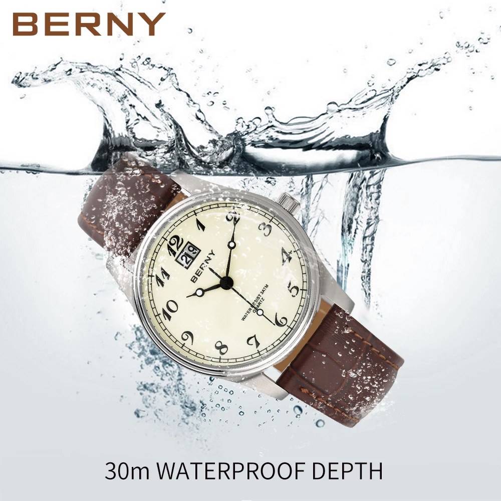 BERNY Men\'s Quartz Watch Classic Dress BERNY VJ76 Male Date Display Wristwatch Easy Read Analog Soft Leather 3ATM Waterproof