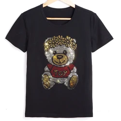 Summer Casual Clothes for Women Short Sleeve T-shirt for Women Lovely Bear Partten Diamond Pullover Lady Top 2022 Tee