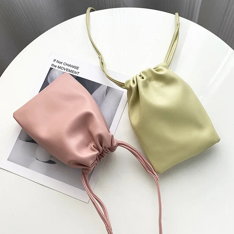 Fashion Candy Color Little Lucky Bag Lady Bucket Bag Mini Shoulder Bags for Women 2023 Designer Small Drawstring Bag Bolso Mujer