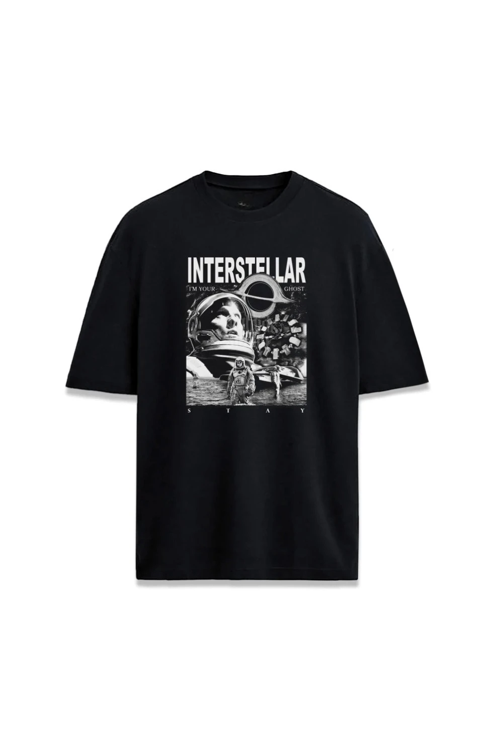 Camiseta con estampado frontal de Iconic Movie Interstellar Scenes Stay Quote, camiseta premium para hombre, camiseta informal de algodón negra