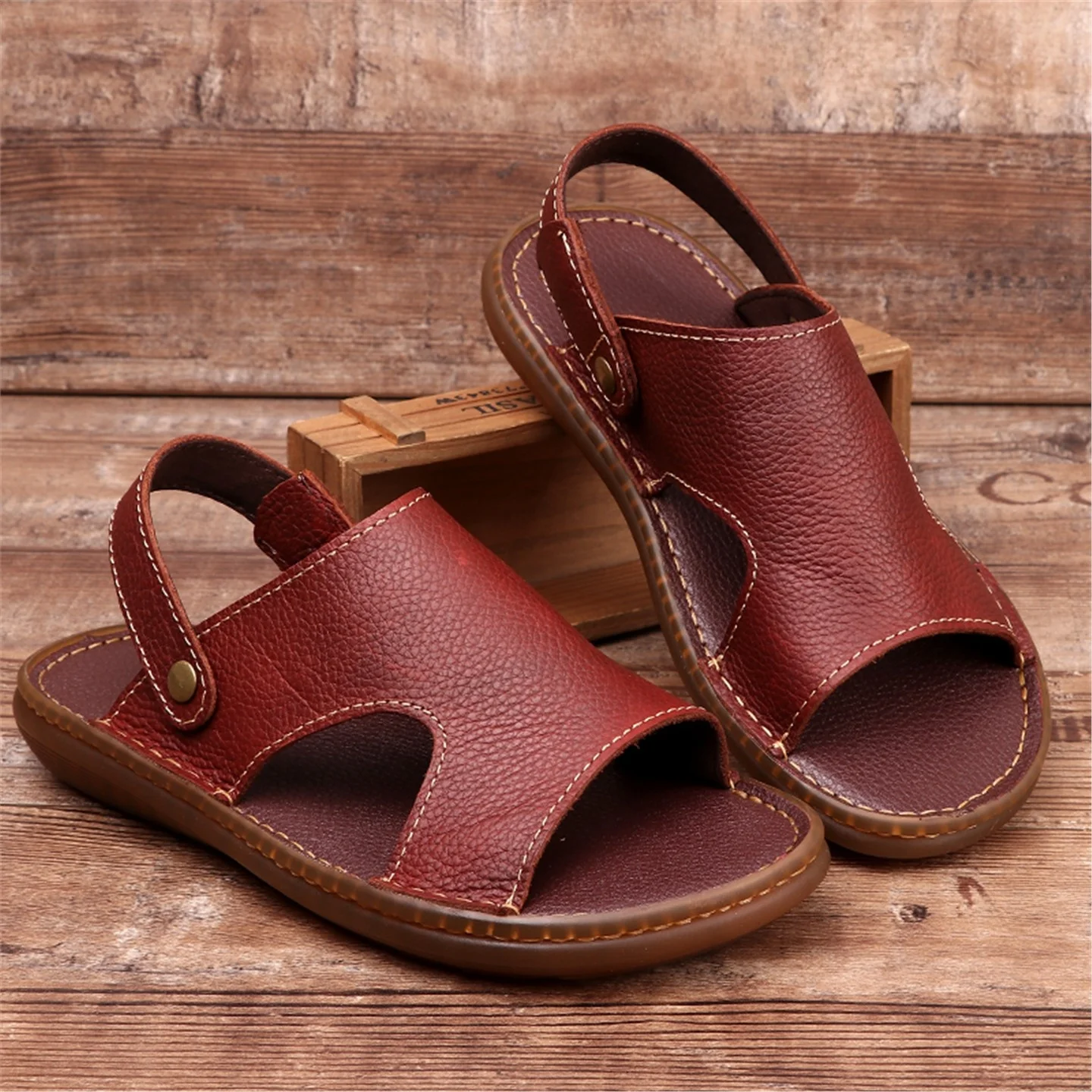 

Мужские летние сандалии премиум-класса из натуральной кожи, повседневные пляжные туфли, мягкие, дышащие, с открытым носком, на плоской подошве, с подошвой из ТПР.