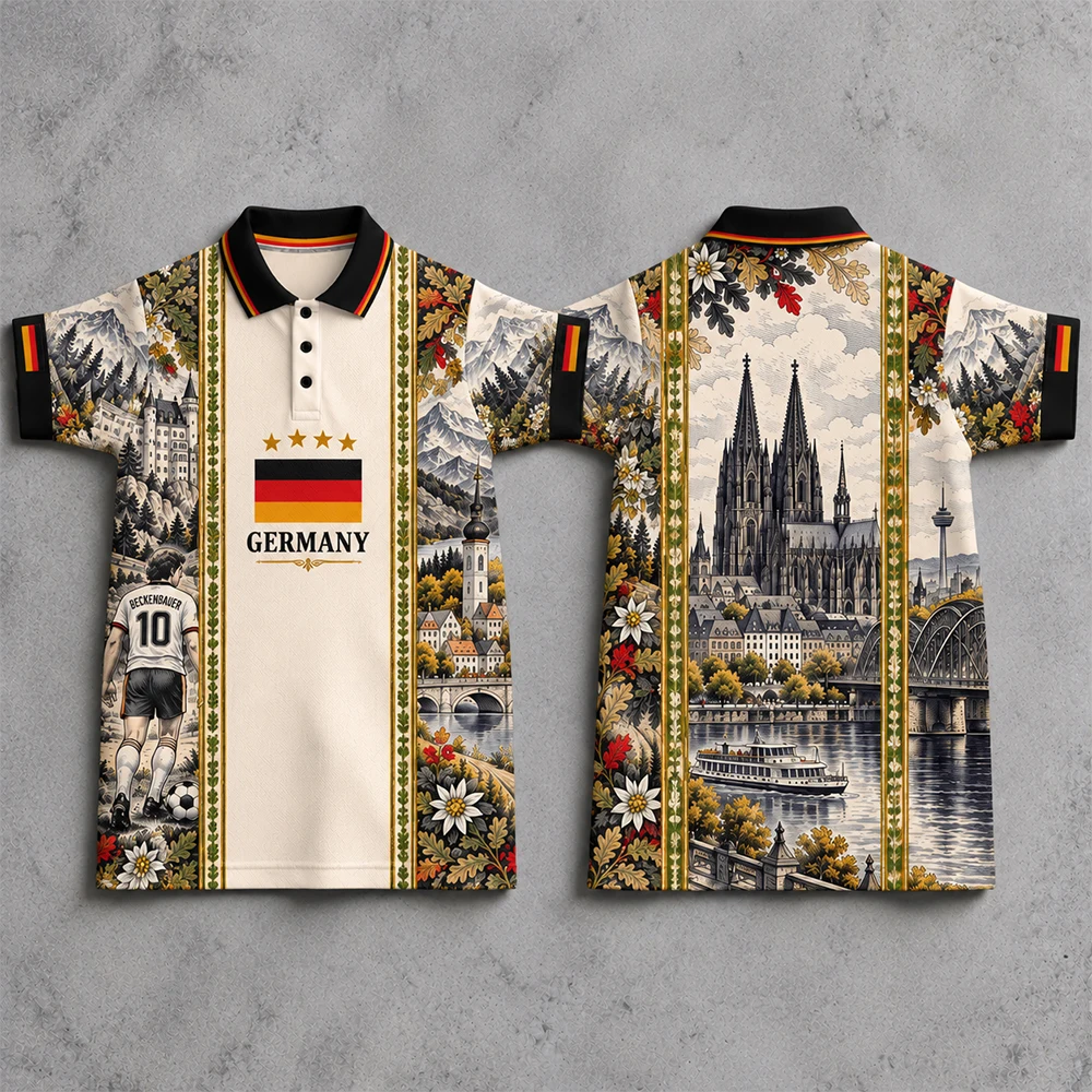Men's Deutschland  Polo Shirt Cologne Cathedral Rhine River Scenery + Beckenbauer No.10 Football Print Short Sleeve Holiday